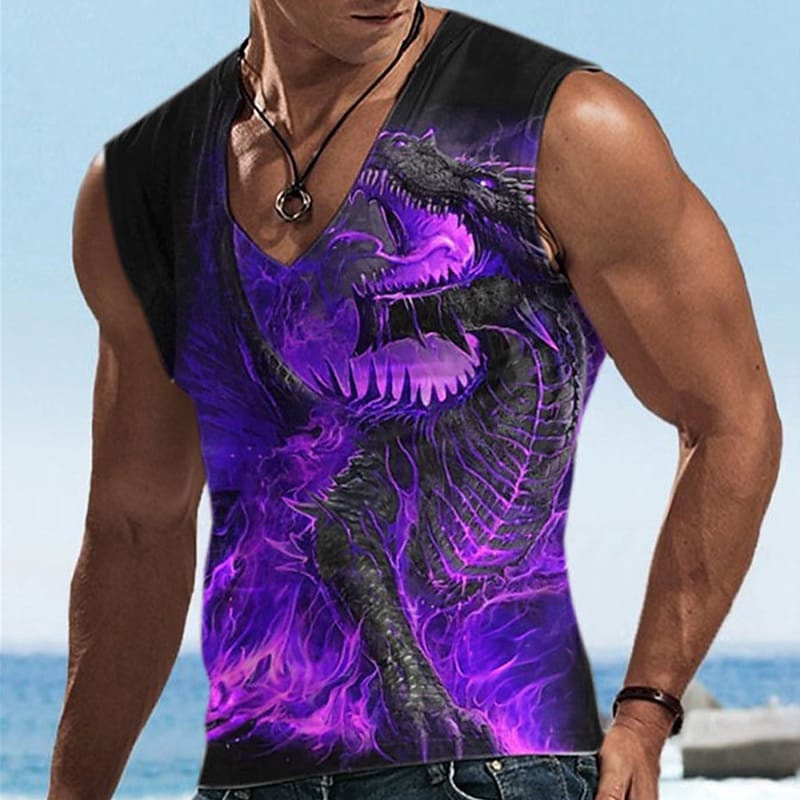 Men's Vest Top Graphic Animal Dragon V Neck 3D Print Daily Vacation Sleeveless Top