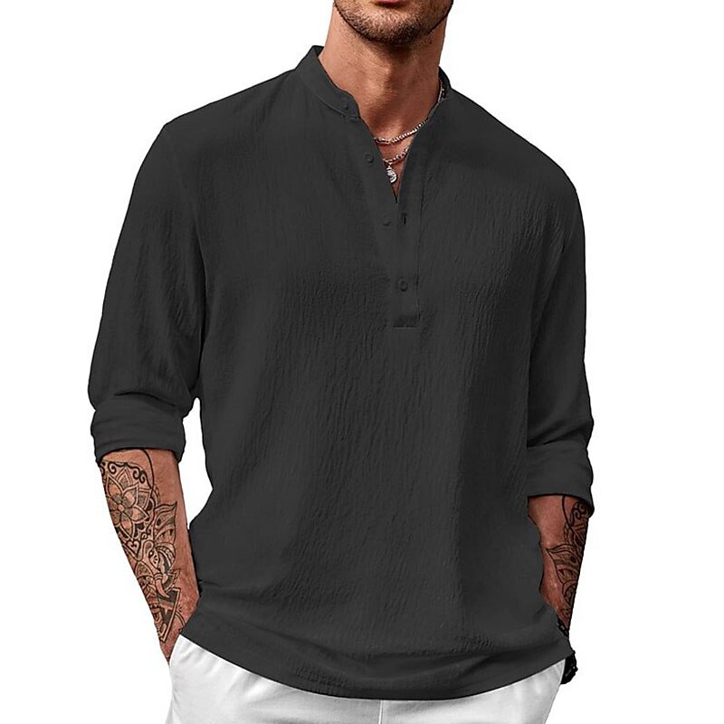 Men's Linen Shirt Summer Shirt Beach Shirt  Long Sleeve Plain Stand Collar Spring & Summer Hawaiian Holiday Basic Top