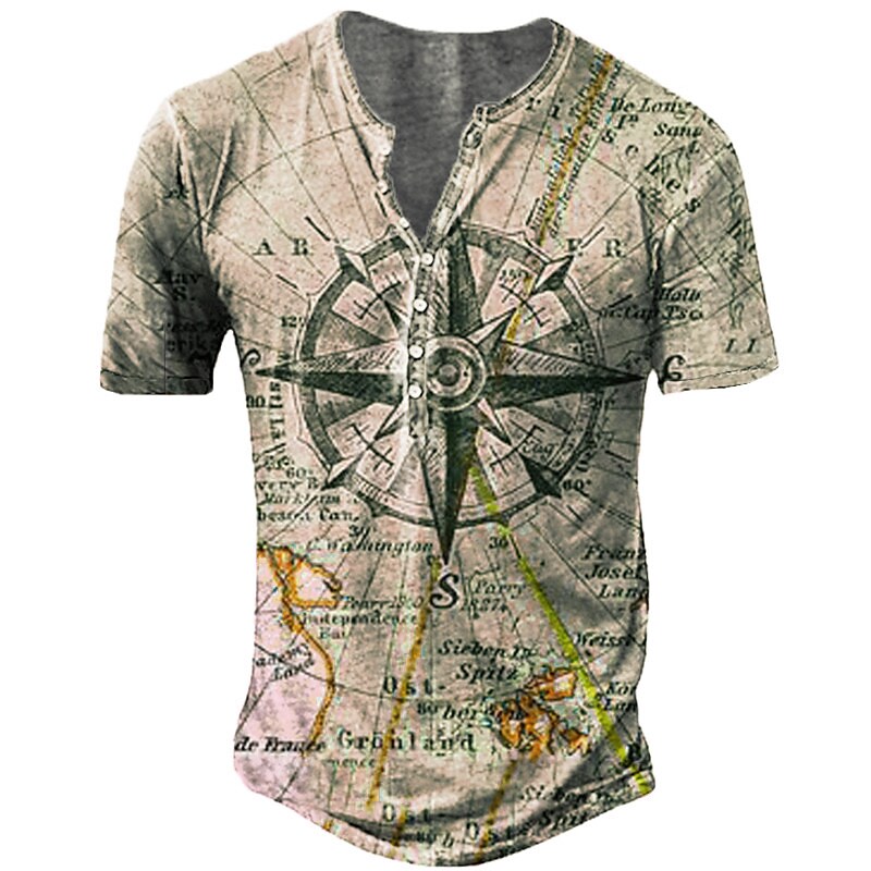 Men's Vintage Nautical Map Print Casual Comfort Short Sleeve T-Shirt