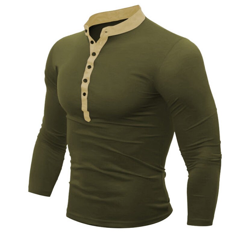 Men's Solid Color Stand Collar Long Sleeve Button-Down Henley Shirt