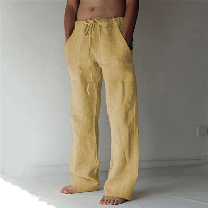 Men's Linen Solid Color with Pocket Straight-Leg Beach Trousers