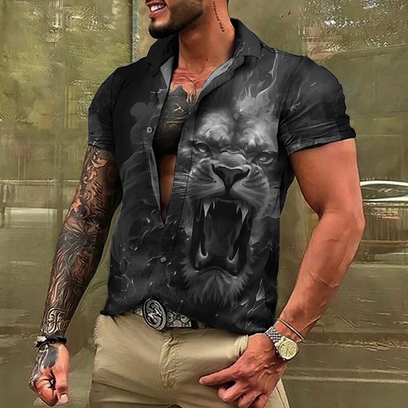 Men's Outdoor Casual Animal Print Street Fashion Lapel Short Sleeve Shirt