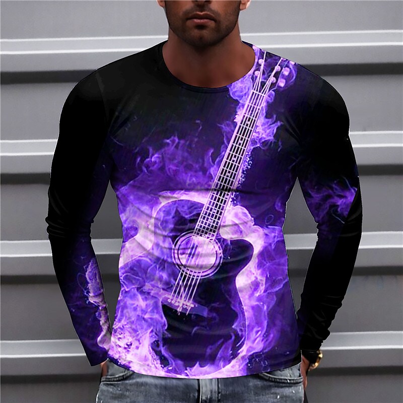 Men's T shirt Graphic Flame Guitar Crew Neck 3D Print Outdoor Casual Long Sleeve Print Vintage Top