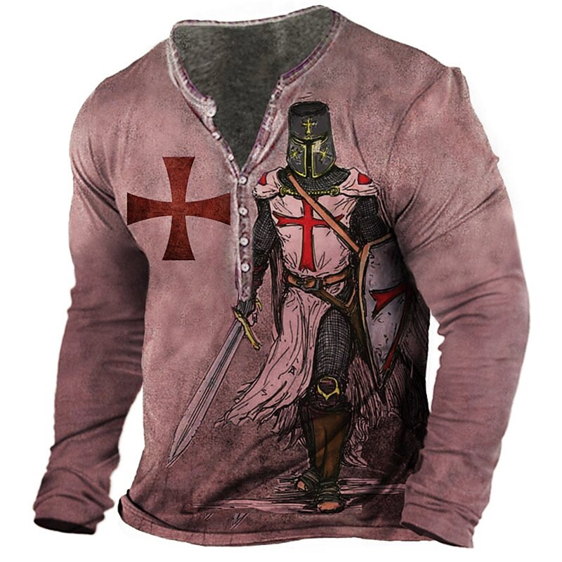 Men's Henley Shirt  Graphic Templar Cross Soldier Henley Print Plus Size Outdoor Daily Long Sleeve Button-Down T shirt