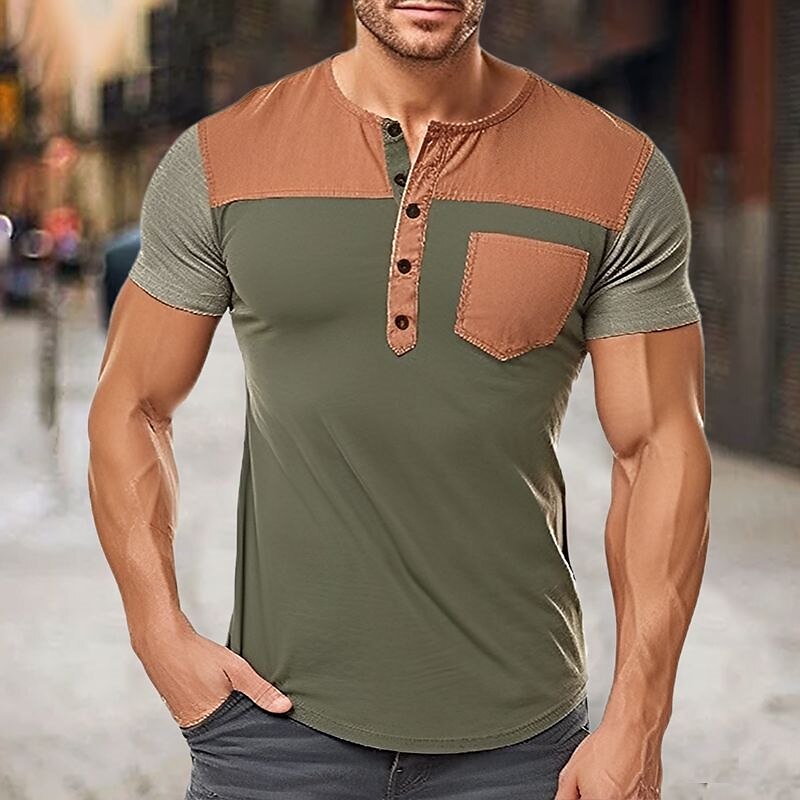 Men's Outdoor Street Fashion Vacation Comfortable Breathable Soft Pocket Short Sleeve Henley Shirt