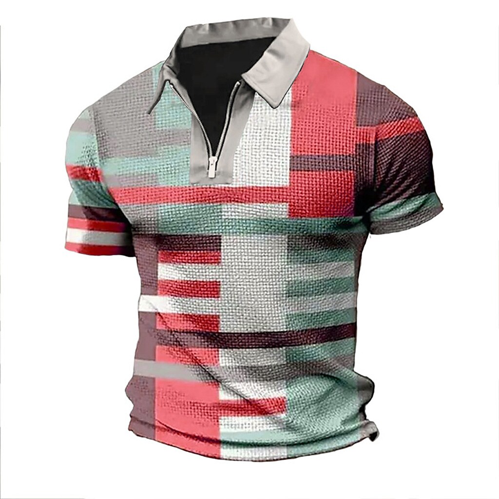 Men's Polo Golf Shirt Plaid Striped Graphic Prints Geometry Turndown Outdoor Street Short Sleeves Zipper Top