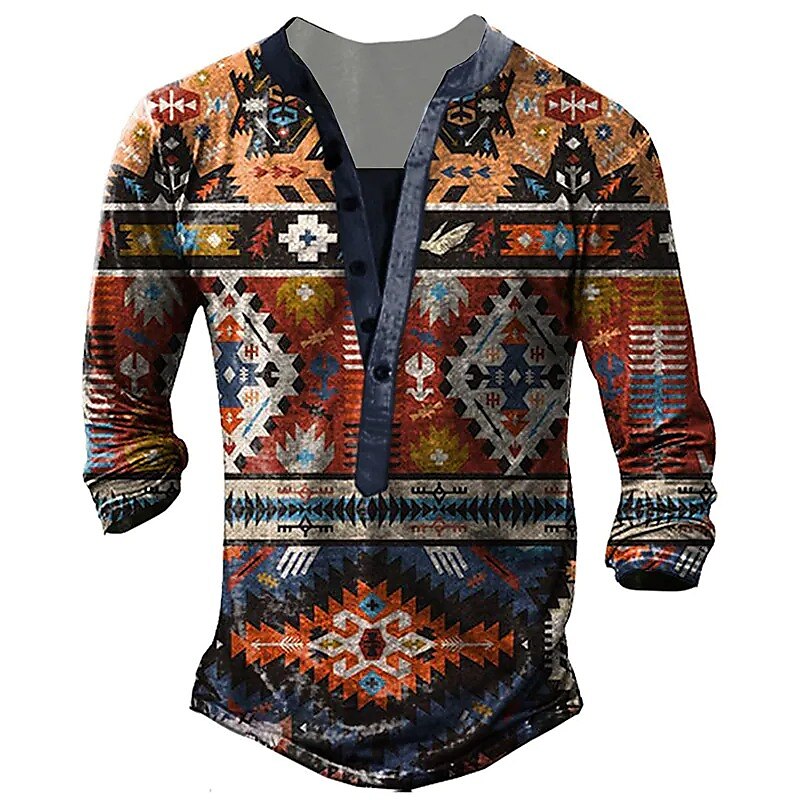 Men's Henley Shirt T shirt Tee Graphic Geometry Henley  Street Casual Long Sleeve Button-Down Print Vintage Boho Classic Top