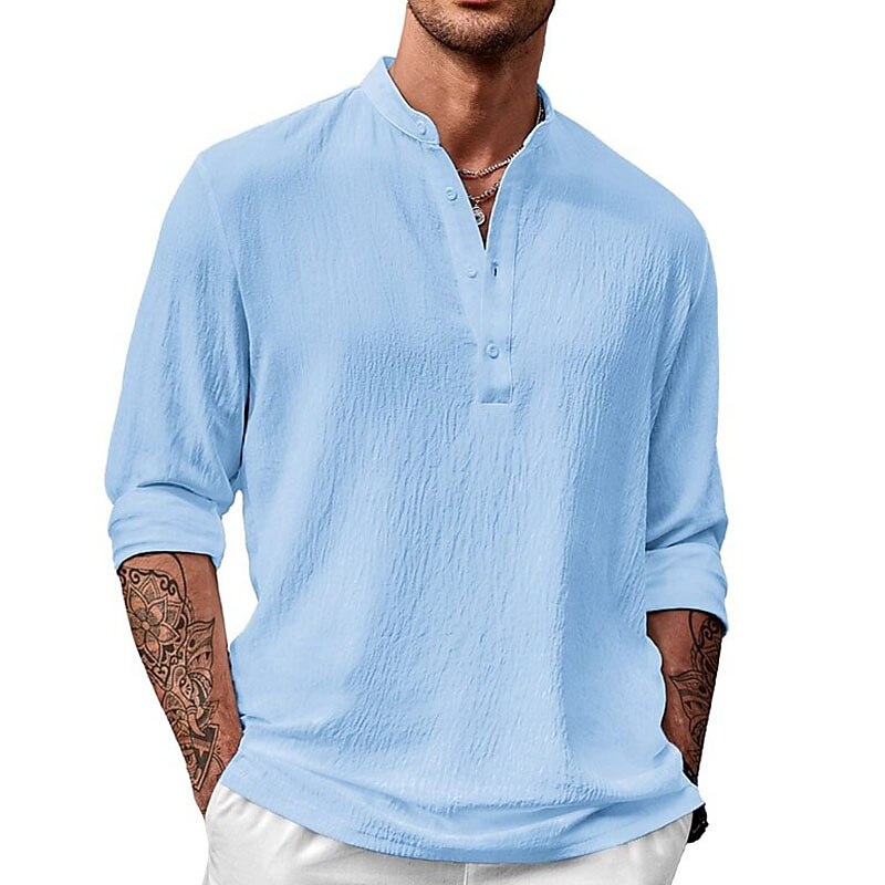 Men's Linen Shirt Summer Shirt Beach Shirt  Long Sleeve Plain Stand Collar Spring & Summer Hawaiian Holiday Basic Top