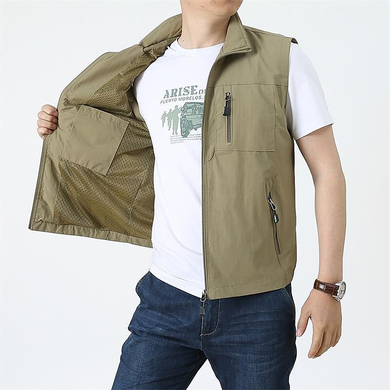 Men's Outdoor Fashion Street Casual Breathable Light Comfortable Zipper Plain Lapel Gilet
