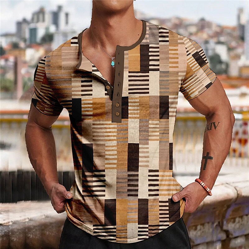 Men's Henley Shirt Graphic Plaid / Check Henley 3D Print Outdoor Casual Short Sleeve Button-Down Comfortable Top