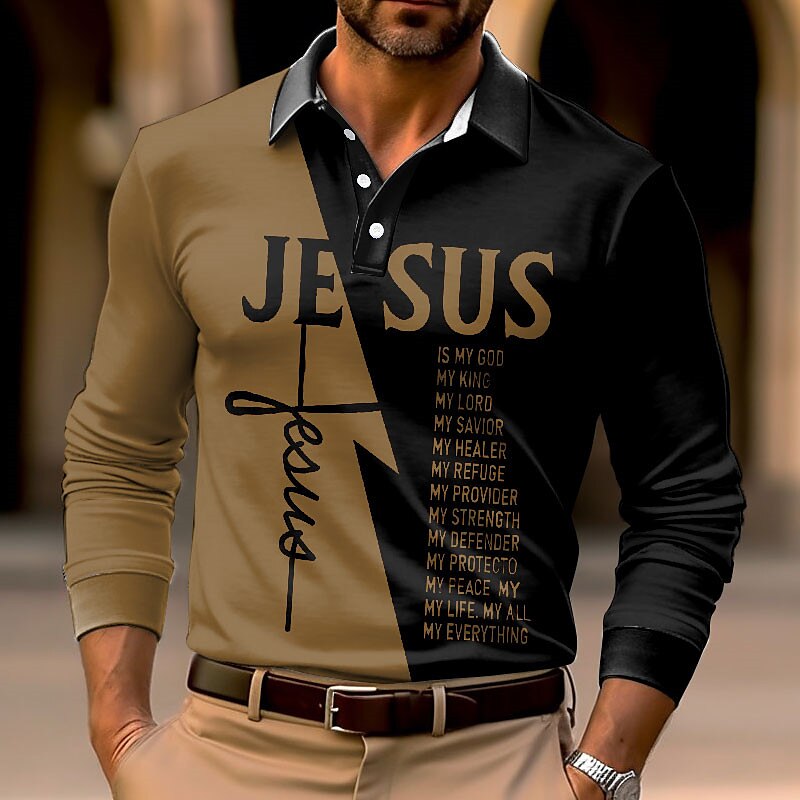 Men's Polo Shirt Golf Shirt Letter Cross Jesus Turndown Outdoor Street Long Sleeve Print Fashion Soft Top