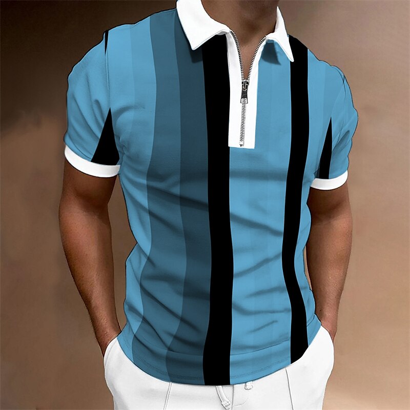 Men's Outdoor Street Fashion Casual Breathable Comfortable Soft Stripes Zipped Short Sleeves Polo Shirt