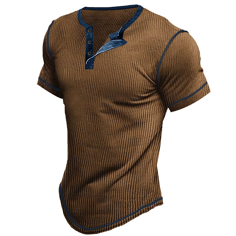 Men's Outdoor Street Fashion Casual Breathable Comfortable Light Plain Short Sleeve Waffle Henley Shirt