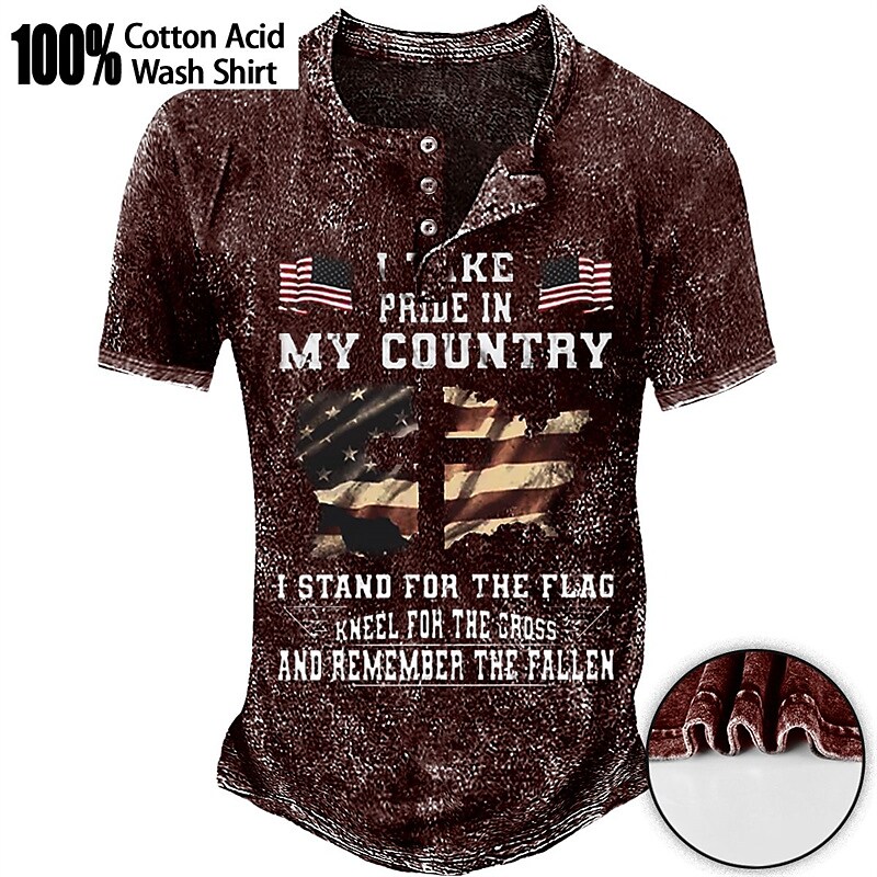 Men's Henley Shirt Graphic Tee 100% Cotton Acid Wash Shirt Graphic Prints National Flag Henley Hot Stamping Street Vacation Short Sleeves Print Top