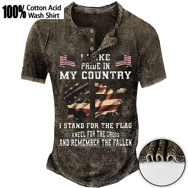 Men's Henley Shirt Graphic Tee 100% Cotton Acid Wash Shirt Graphic Prints National Flag Henley Hot Stamping Street Vacation Short Sleeves Print Top