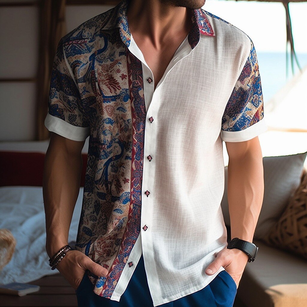 Men's Linen Shirt Floral Tribal Graphic Prints Turndown Outdoor Street Short Sleeves Print Linen Casual Soft Shirt 