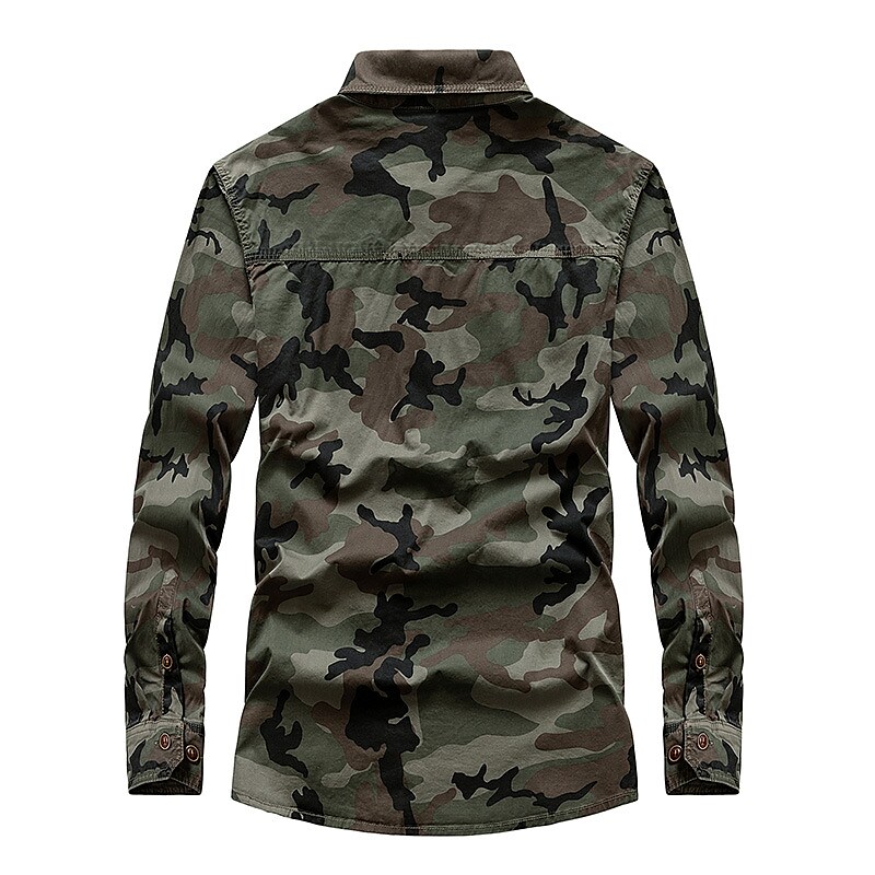 Men's Outdoor Hiking Climbing Camping Casual Pockets Wear Resistant Breathable Stretch Lapel Camo Shirt