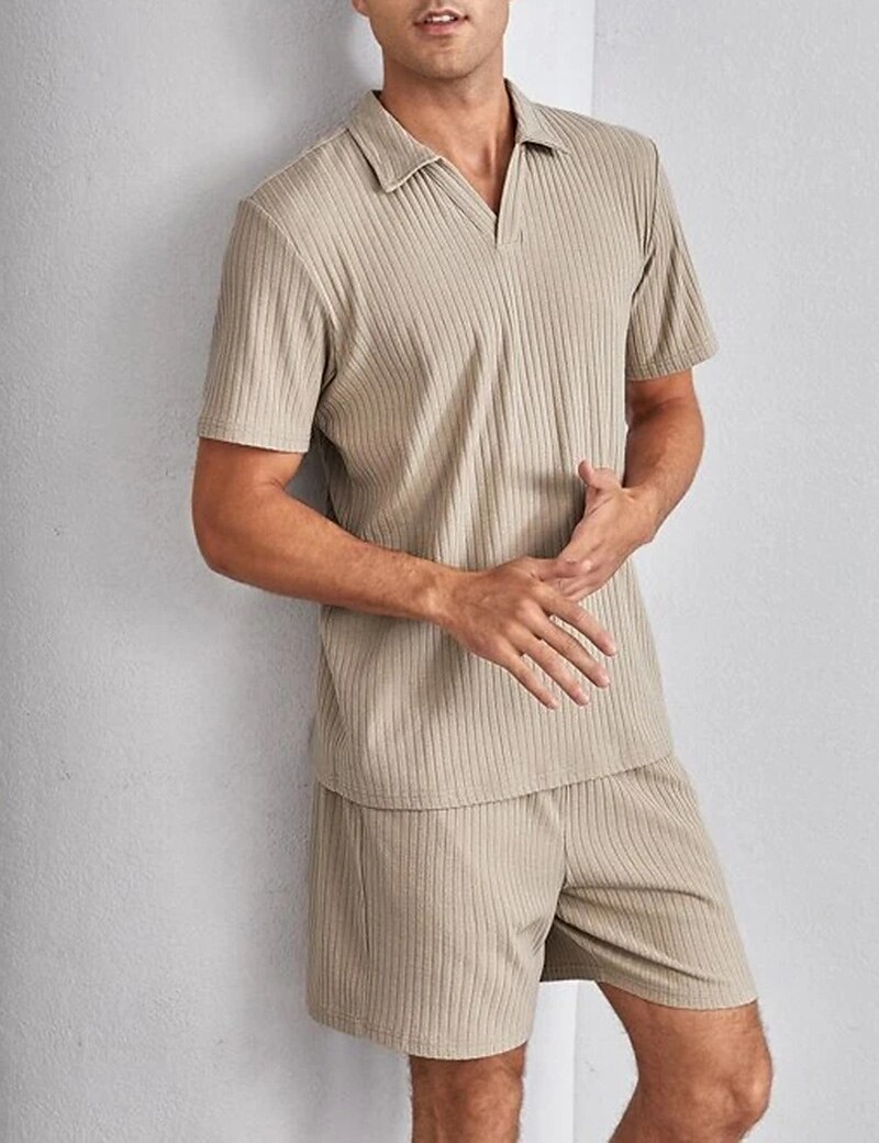 Men's Outdoor Vacation Casual Comfortable Breathable Soft Lapel Plain Polo T-shirt Shorts Suit
