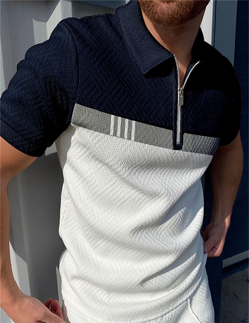Men's Polo Shirt Golf Shirt Casual Holiday Lapel Quarter Zip Short Sleeve Fashion Basic Color Block Quarter Zip Polo Shirt