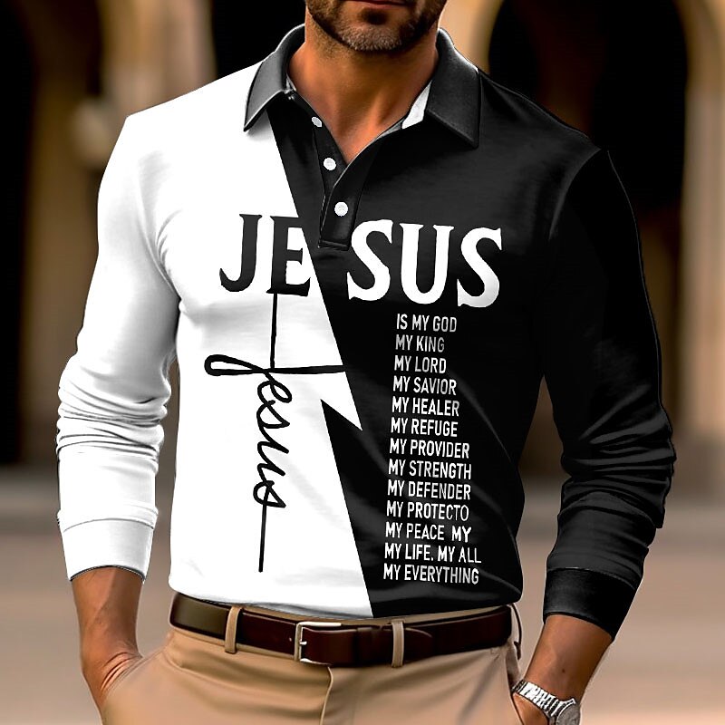 Men's Polo Shirt Golf Shirt Letter Cross Jesus Turndown Outdoor Street Long Sleeve Print Fashion Soft Top