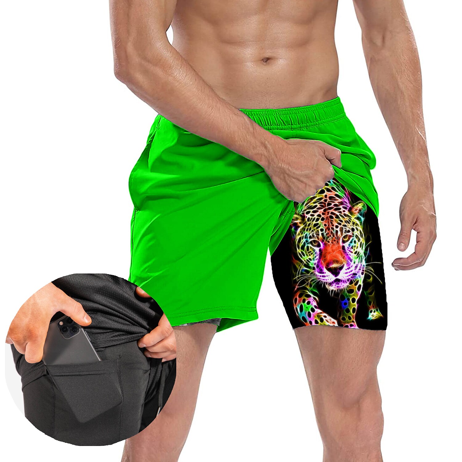 Men's Fitness Quick Dry Drawstring Side Pockets Breathable Printed Pattern Casual Sports Shorts