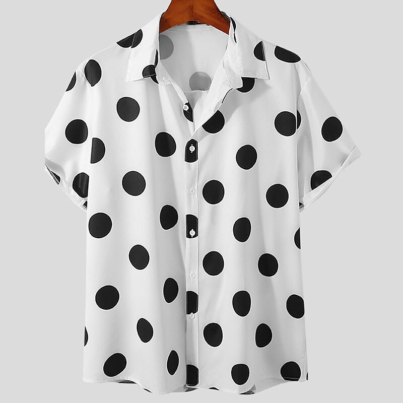 Men's Button Up Summer Casual Shirt Short Sleeve Polka Dot Lapel Outdo