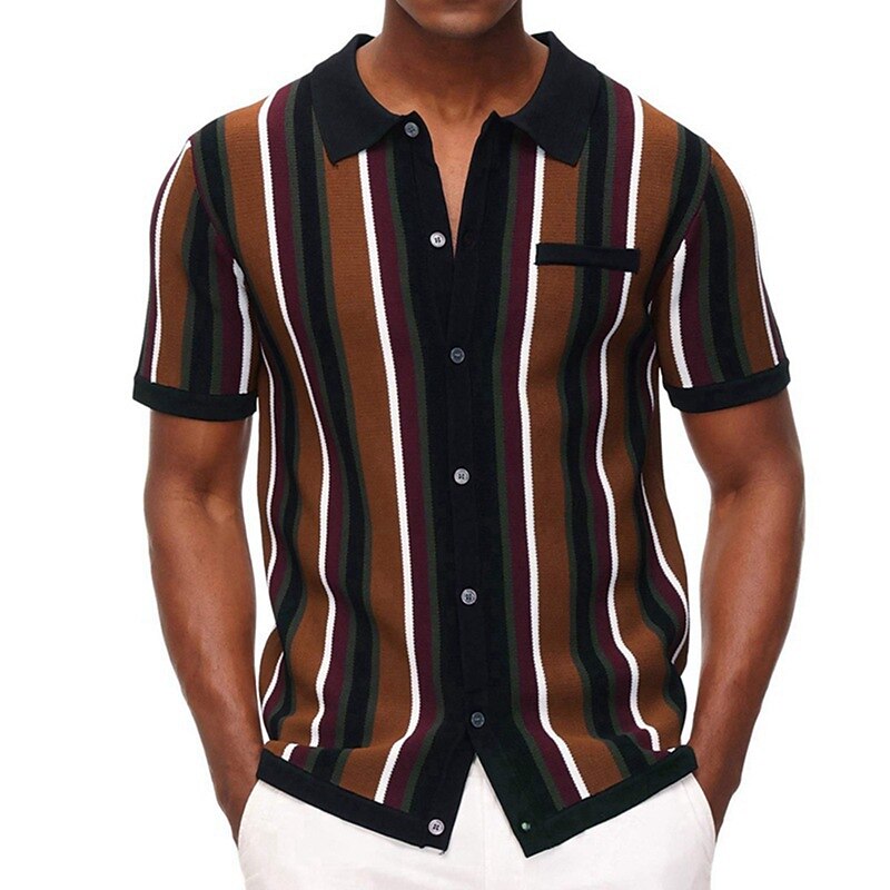 Men's Polo Shirt Casual Daily Turndown Button Short Sleeve Fashion Chunky Striped Button Front Knit Polo Sweater