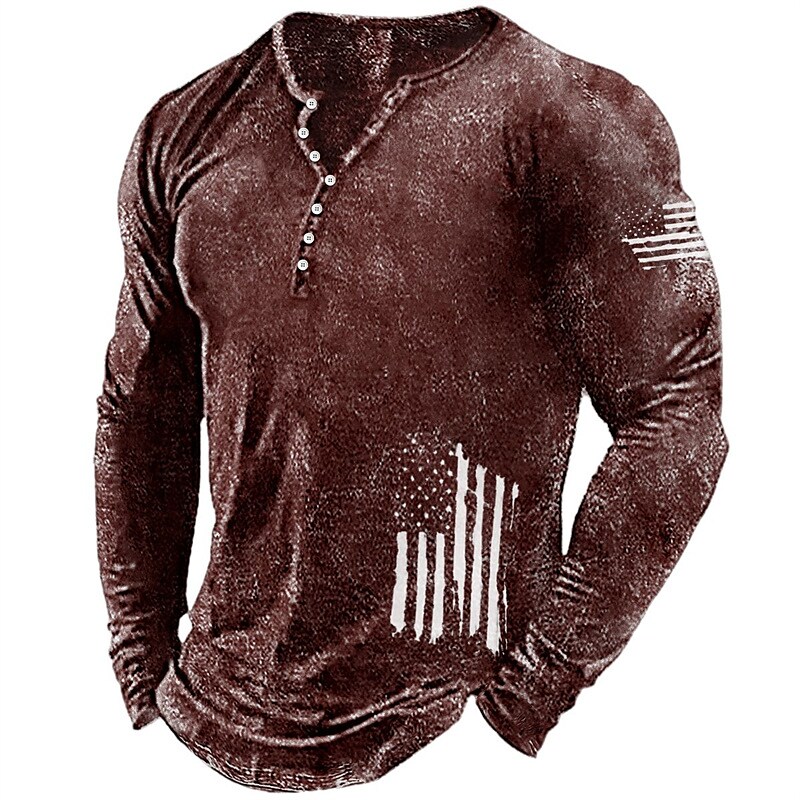 Men's Henley Graphic Long Sleeve Shirt National Flag Henley Hot Stamping Street Vacation Long Sleeve Top
