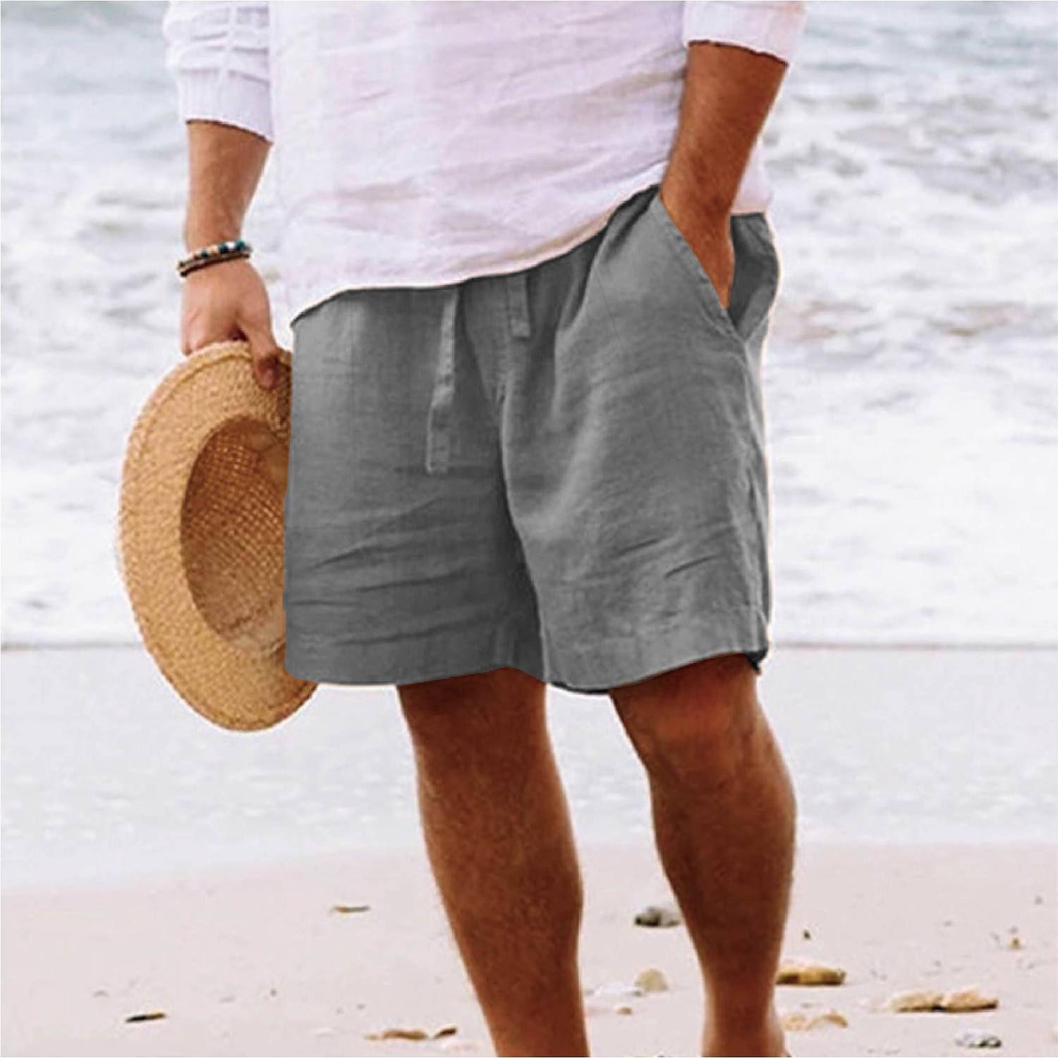 Men's Shorts Linen Shorts Summer Shorts Drawstring Elastic Waist Straight Leg Plain Comfort Breathable Short Daily Beach Linen / Cotton Blend Fashion Chic & Modern Micro-elastic