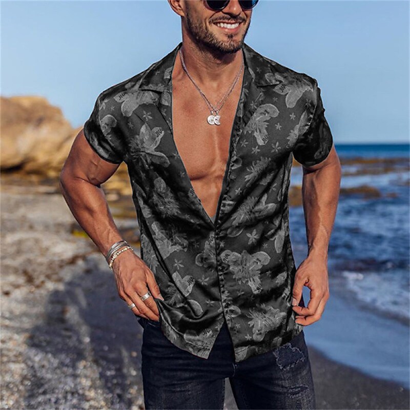 Men's Floral Print Short Sleeve Turndown Tops Beach Outdoor Street But