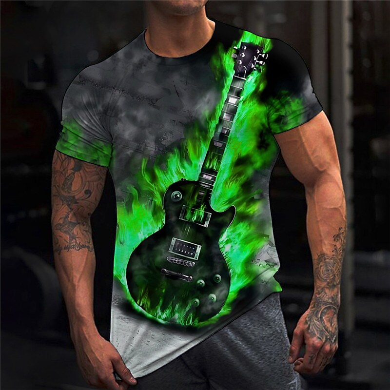 Men's T shirt Graphic Guitar Musical Instrument Crew Neck 3D Print Outdoor Casual Short Sleeve Vintage Top