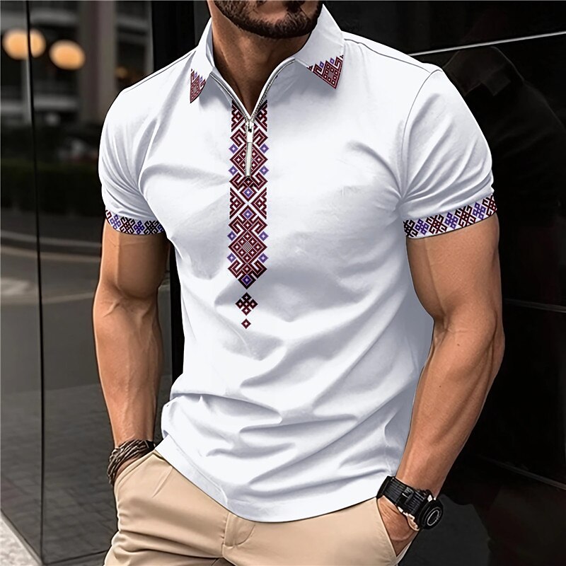 Men's Outdoor Casual Vacation Fashion Comfortable Soft Zipper Print Short Sleeves Polo Shirt