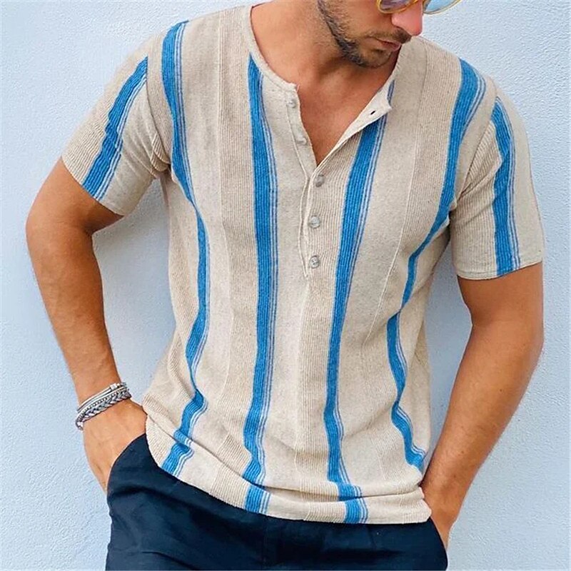 Men's Vacation Outdoor Street Fashion Comfortable Breathable Light Striped Short Sleeve Henley Shirt