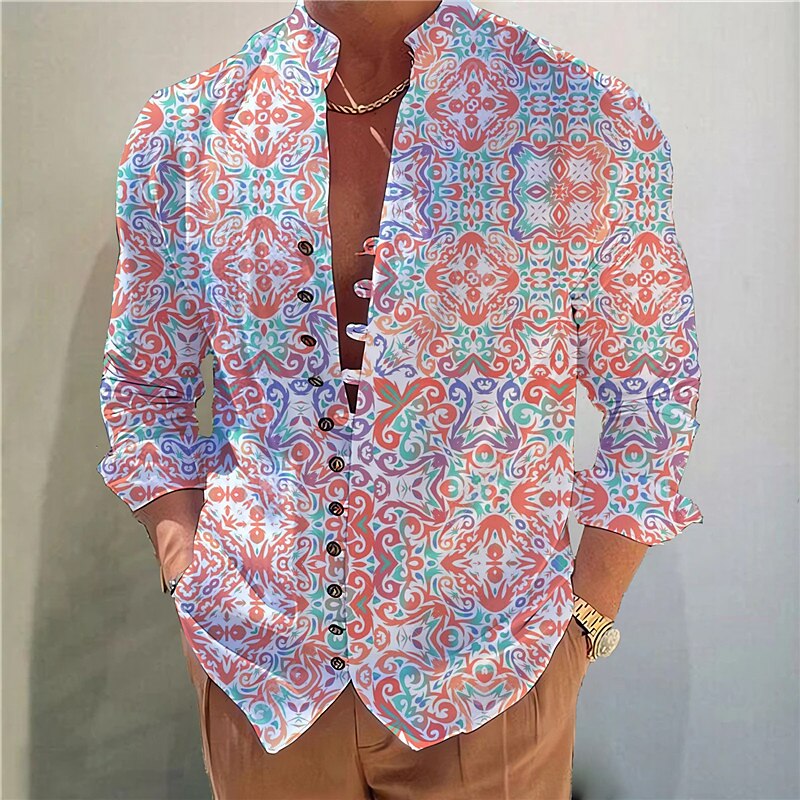 Men's Floral Graphic Prints Vintage Stand Collar Outdoor Street Long Sleeve Print Fashion Comfortable Shirt 