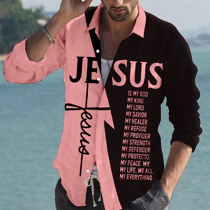 Men's Shirt Linen Shirt Letter Graphic Prints Cross Jesus Turndown  Outdoor Street Long Sleeve Print Linen Fashion Streetwear Casual Top