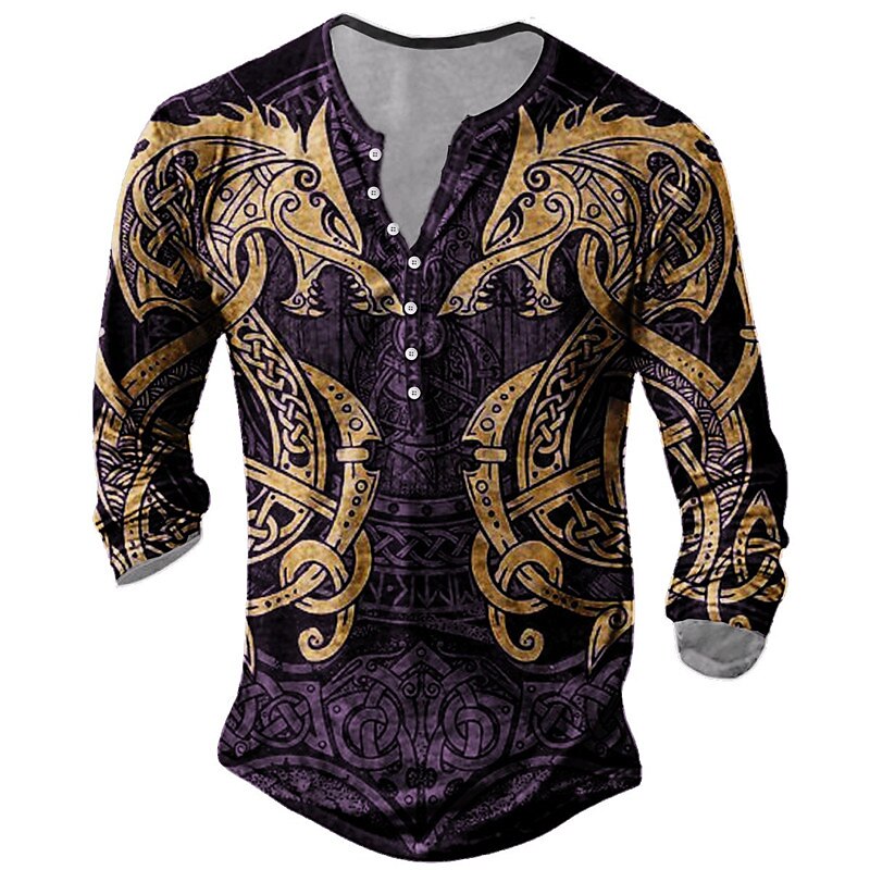 Men's Henley Shirt Graphic Dragon Viking Comfortable Henley Print Outdoor Casual Daily Top
