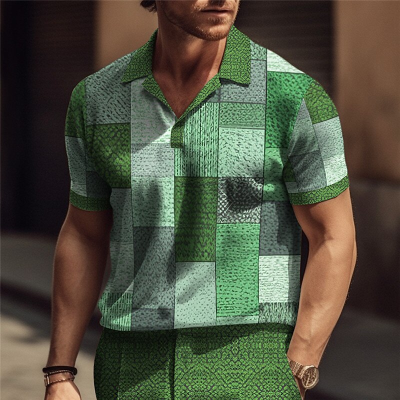 Men's Cuban Collar Shirt Lapel Polo Shirt Plaid / Check Graphic Prints Geometry Stand Collar Outdoor Street Short Sleeve Print Linen Top