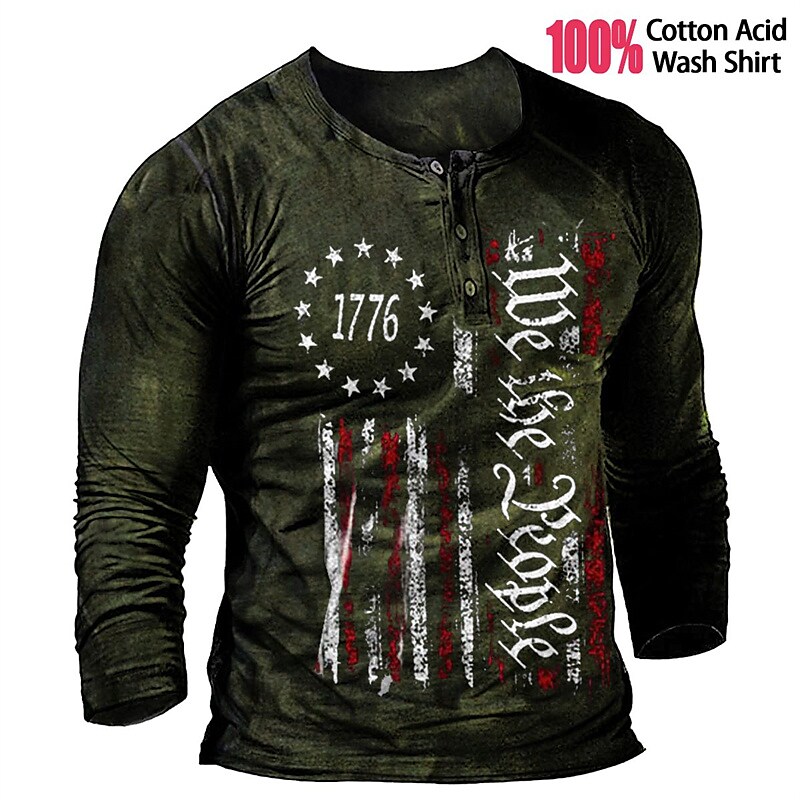 Men's Henley Shirt Graphic 100% Cotton Acid Wash Shirt Graphic Prints National Flag Henley Hot Stamping Casual Wear Long Sleeve Top