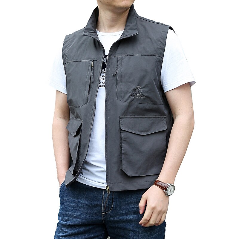 Men's Outdoor Fishing Climbing Casual Breathable Muti-pockets Zipper Light Plain Stand Collar Sleeveless Gilet
