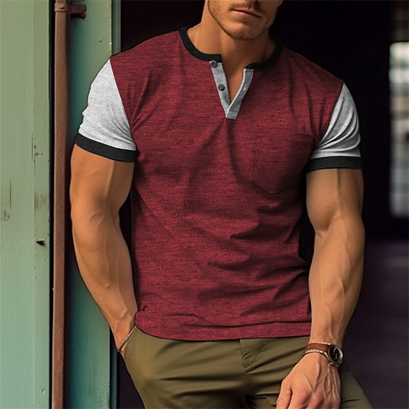 Men's Henley Shirt Tee Top Color Block Henley Street Vacation Short Sleeves Patchwork Clothing Apparel Fashion Basic Top
