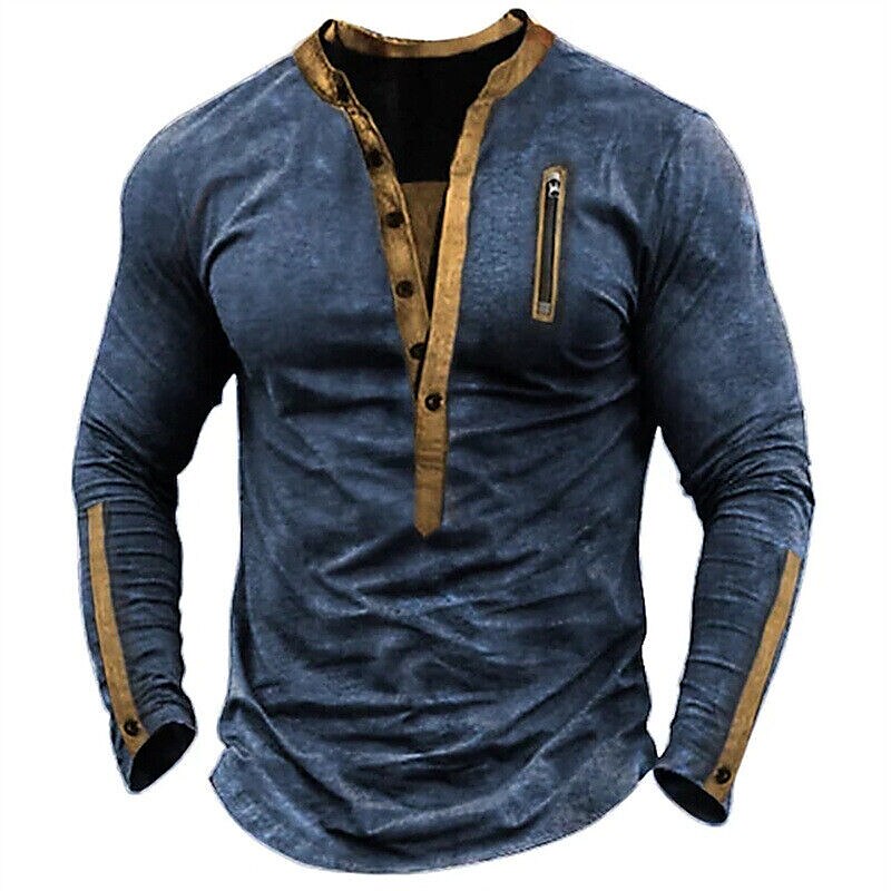 Men's Henley Shirt Plain Henley Street Vacation Long Sleeve Patchwork Zipper Designer Vintage Top