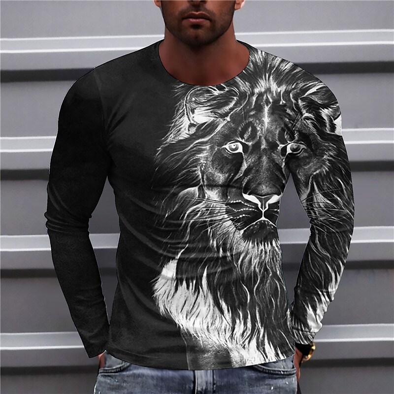 Men's T shirt Graphic Animal Lion Crew Neck Clothing Apparel 3D Print Outdoor Casual Long Sleeve Print Top