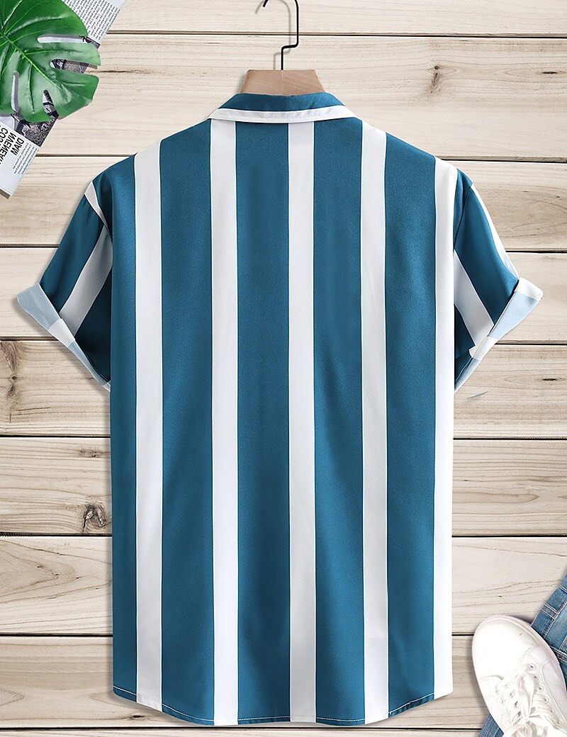Men's Outdoor Street Casual Vacation Comfortable Breathable Lightweight Stripe Print Lapel Short Sleeve Shirt