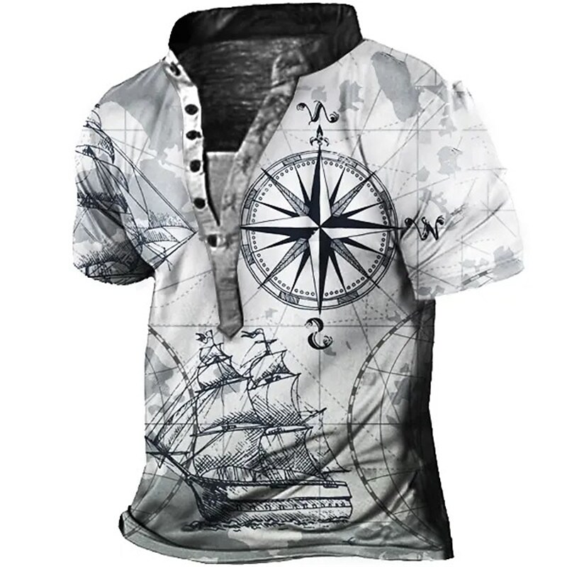 Men's Vintage Compass Nautical Map Print Casual Comfortable Short Sleeve Henley Shirt