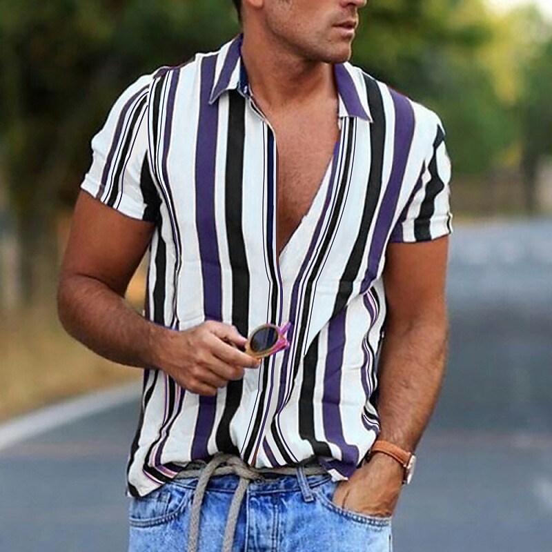 Men's Shirt Striped Collar Daily Button-Down Print Short Sleeve Tops Casual Breathable Comfortable 
