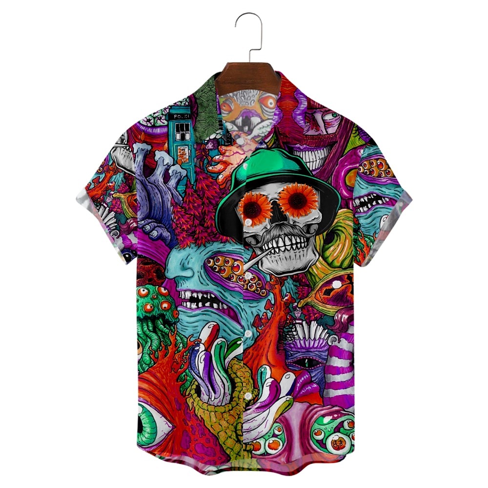 Men's Shirt Skull Print Short Sleeve Casual Tops Loose Beach Blue Desi