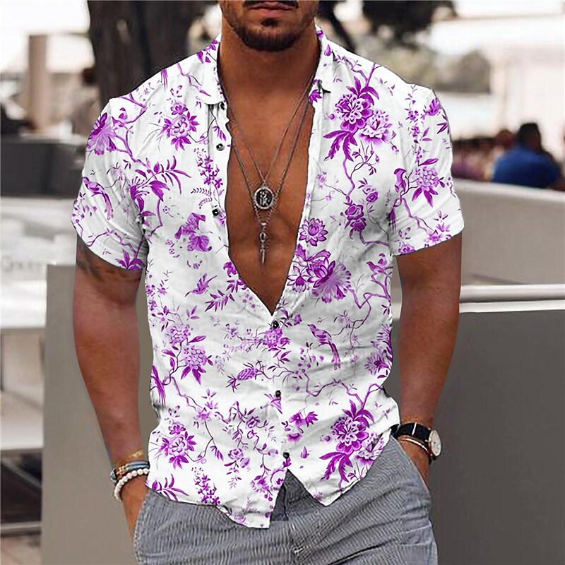 Men's Graphic Floral Leaves Turndown 3D Print Outdoor Street Short Sle