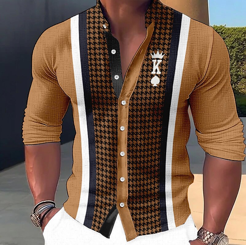 Men's  Linen Shirt Plaid / Check Graphic Smiley Face King Stand Collar Outdoor Street Long Sleeve Print Shirt