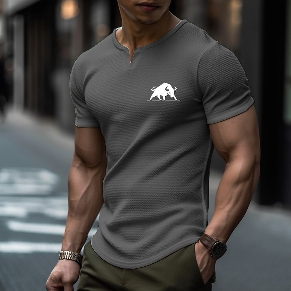 Men's Waffle T Shirt Graphic Cow V Neck Clothing Apparel 3D Print Outdoor Daily Short Sleeve Fashion Designer Basic Top