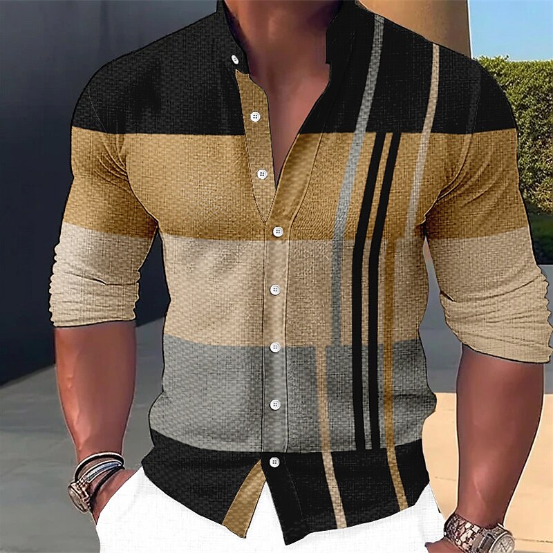 Men's Linen Shirt Striped Graphic Prints Stand Collar Outdoor Street Long Sleeve Print Linen Streetwear Casual Shirt 